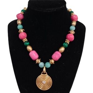 💕🔹️ Piper K🔹️Pink Marble & Dyed Quartz Malachite Beaded 16in CZ Necklace